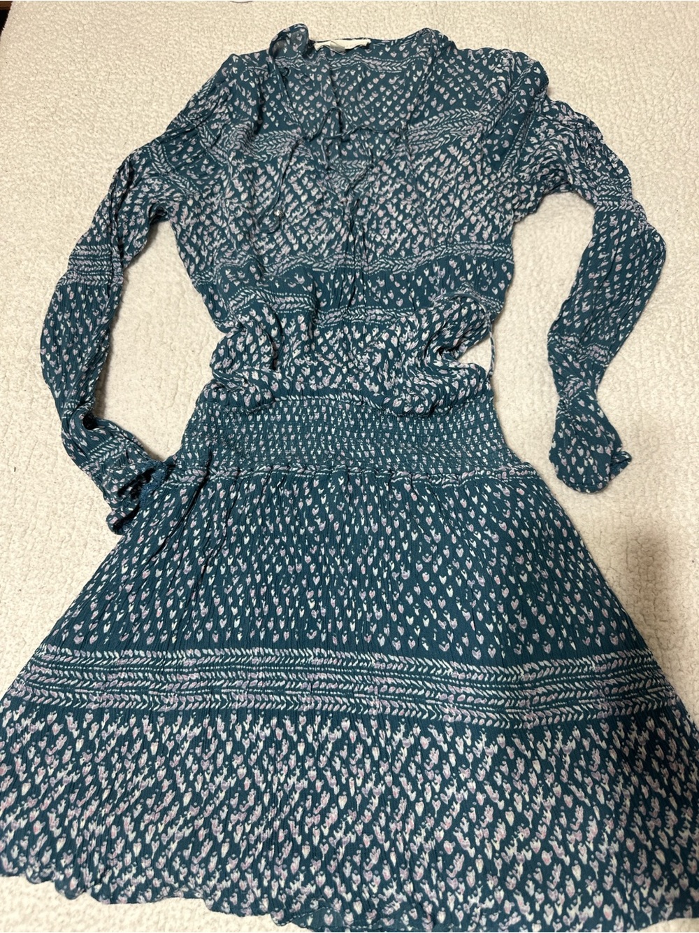 lovestitch Teal Printed Long-Sleeve Smocked Dress